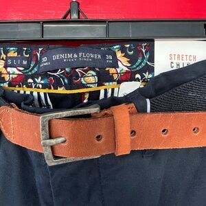 Denim & Flower Men's Pants 30" Waist Navy Blue New Belt Stretch Chino Slim